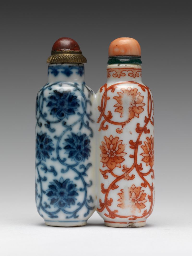 Snuff bottle in shape of two conjoined bottles painted with lotus, Chinese Imperial workshops, possibly by