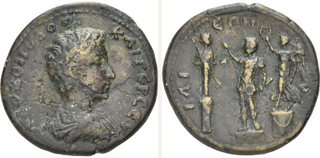 Ilion, Commodus, dupondius — Cult image of Athena Ilias on a pedestal (CN type 20345)
