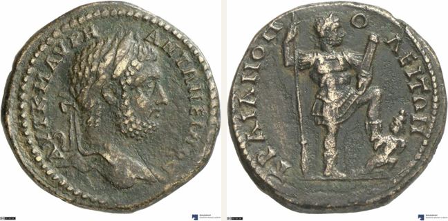 Traianopolis, Caracalla, 5 unit — Emperor in military attire standing right (CN type 2683)