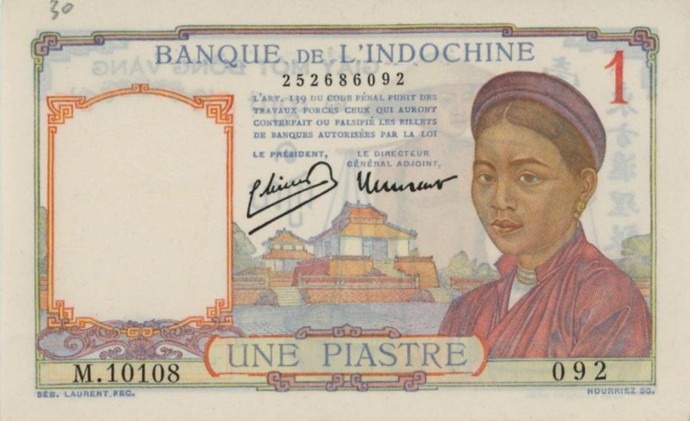 Auction photograph of an example of Pick 54 (Foreign Banknotes - FRENCH INDO-CHINA 1 Piastre 1932 pick #54 a...)