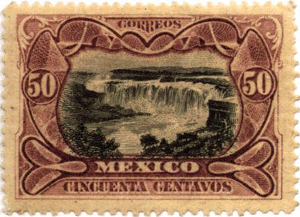 Photograph of a stamp from this issue (Wikimedia Commons file “Estampilla postal con la imagen del salto de juanacatlan.gif”). The paper, perforation or watermark variety shown cannot be confirmed from the photograph.