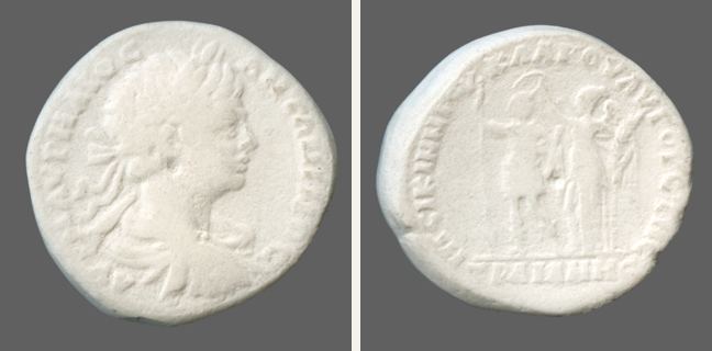 Augusta Traiana, Caracalla, 5 unit — Emperor in military attire standing left (CN type 1826)