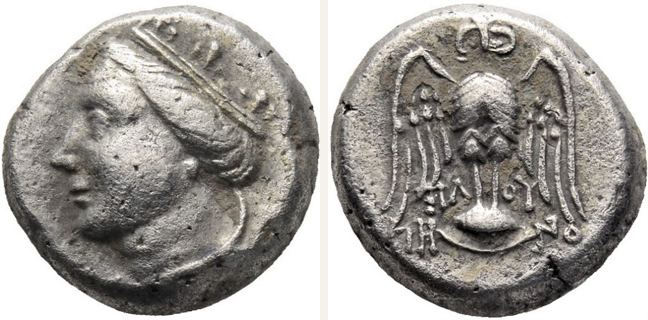 Amisos, drachm — Owl facing with spread wings standing on shield (CN type 24201)