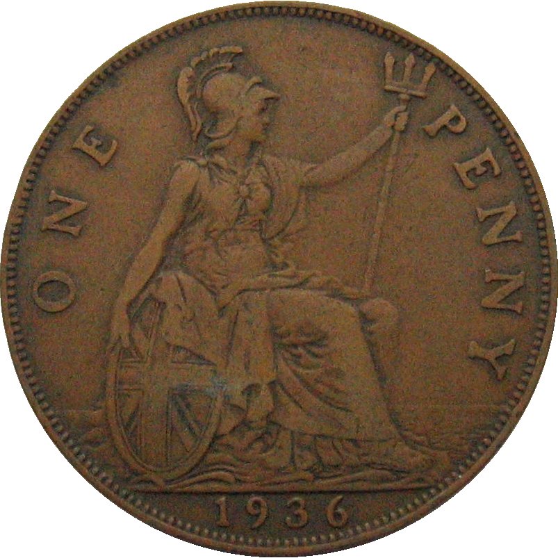 British bronze penny, 1936, reverse showing Britannia seated.