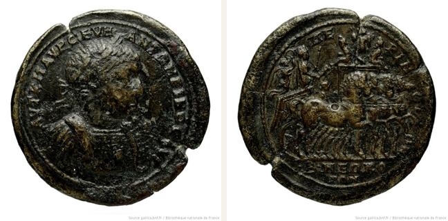 Perinthos, Elagabal, Medallion — Togate emperor standing in quadriga (CN type 3007)