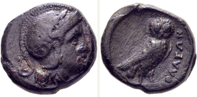 Iolla, bronze coin — Owl standing right (CN type 21490)