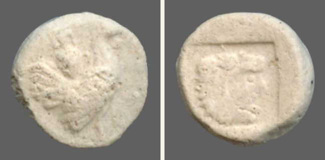 Dikaia, Trihemiobol (1 1/2 obol) — Head of bearded Herakles (CN type 54)