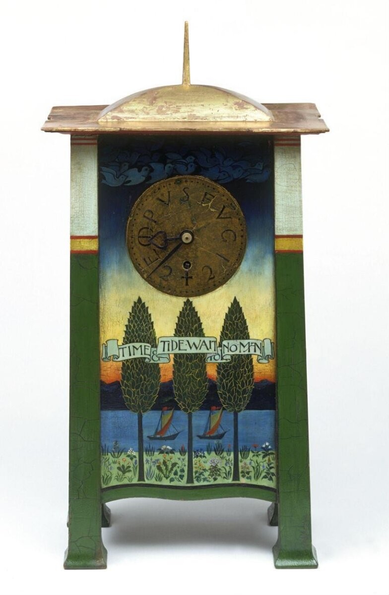 Mahogany clock case with painted and gilded decoration, English, 1896. Designed and painted by Charles Annesley Voysey.