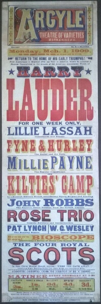 Playbill — Playbill for the Argyle Theatre of Varieties Birkenhead, week commencing 1st March 1909, Liverpool, 1909