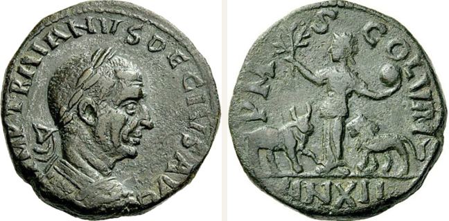 Viminacium, Decius, bronze coin — Moesia standing left (CN type 16555)