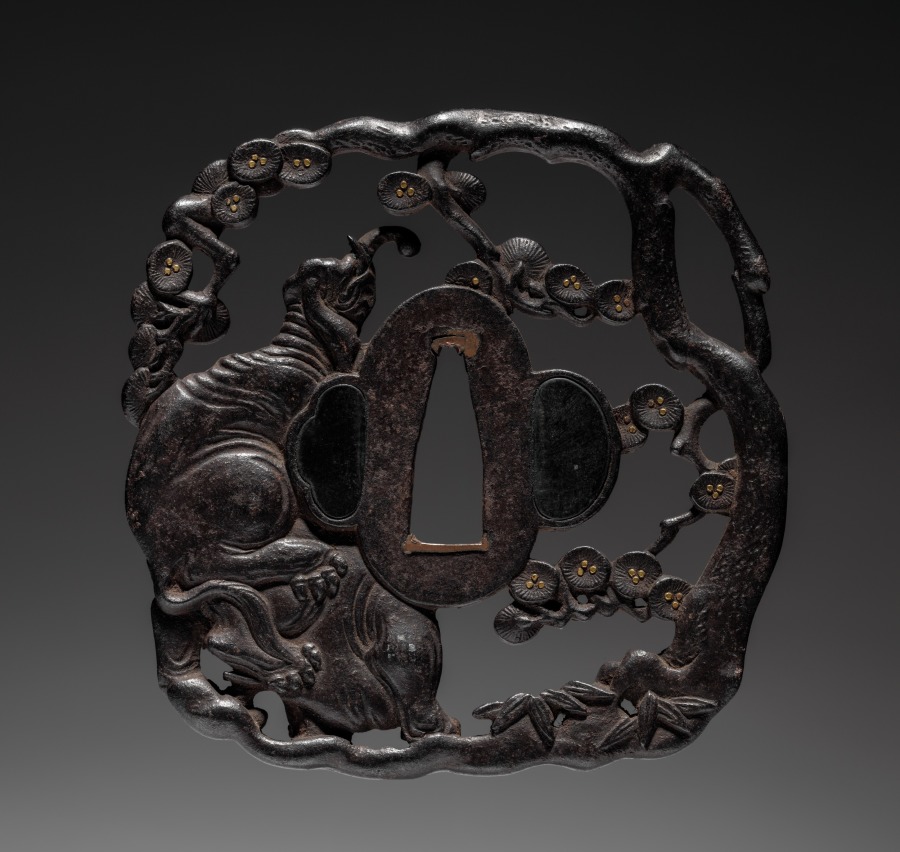 Additional museum view 2 of Sword Guard (Tsuba) with Elephant in Pine (accession 1919.432).