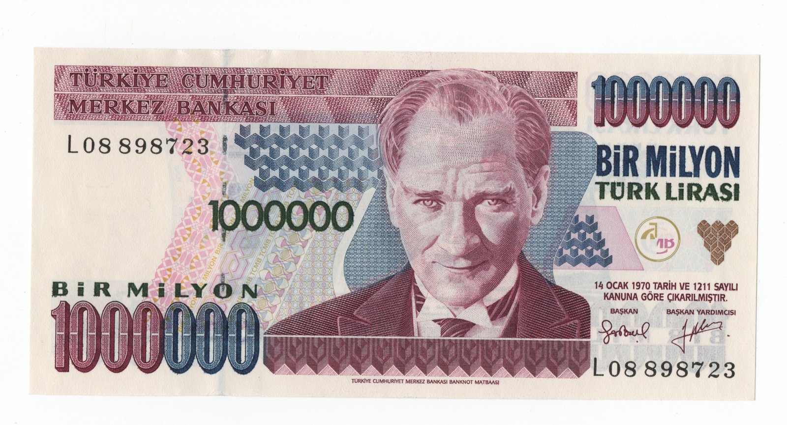 Obverse of 1 000 000 Lira (1995–1996), Pick 209