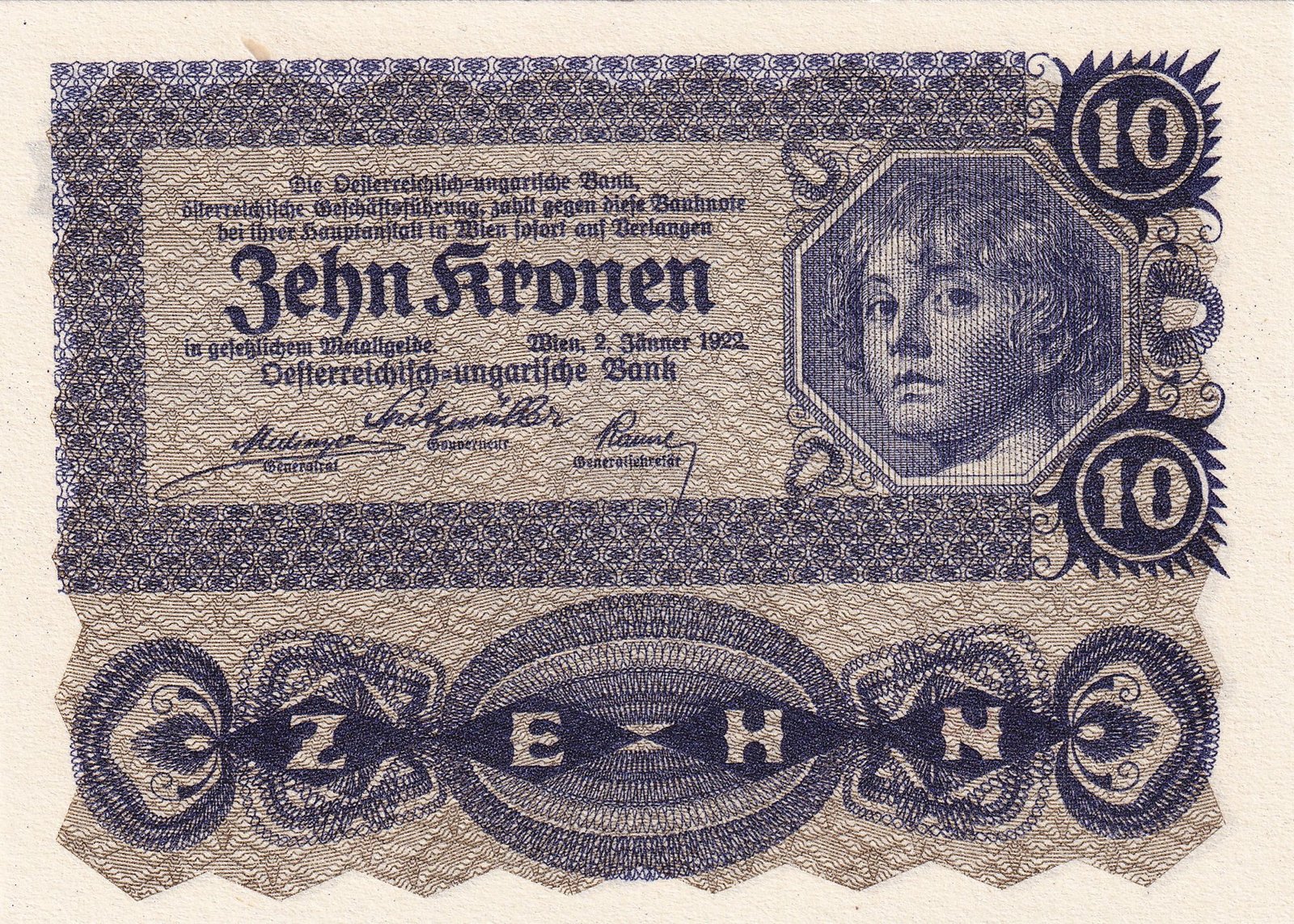 Obverse of 10 Kronen (1922), Pick 75