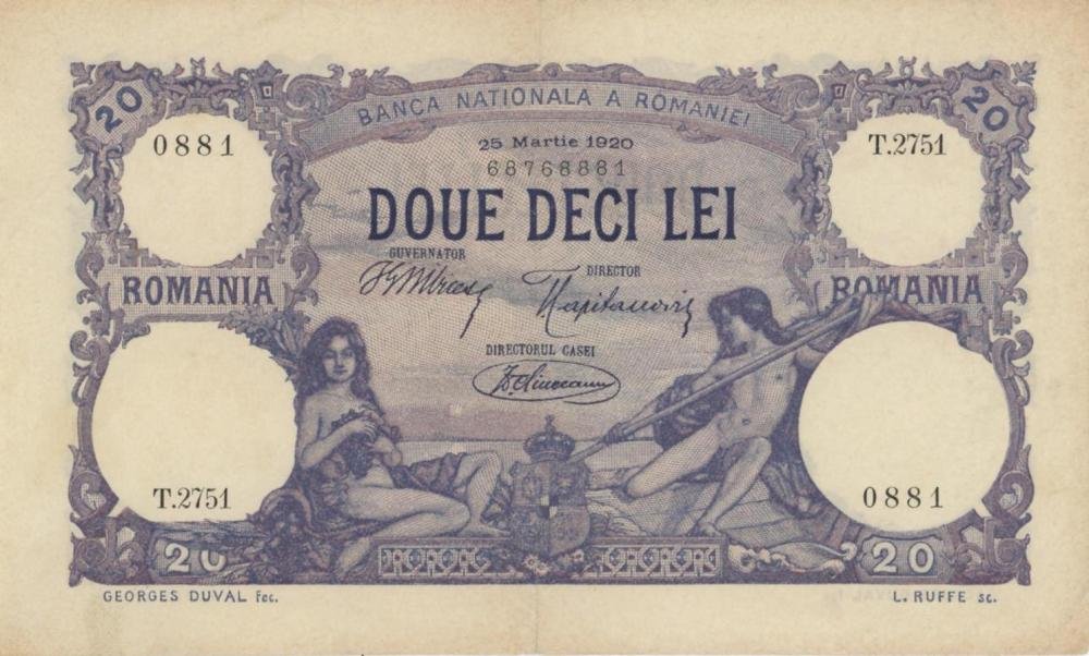 Auction photograph of an example of Pick 20 (Foreign Banknotes - ROMANIA 20 Lei 25-03-1920 pick#20a...)