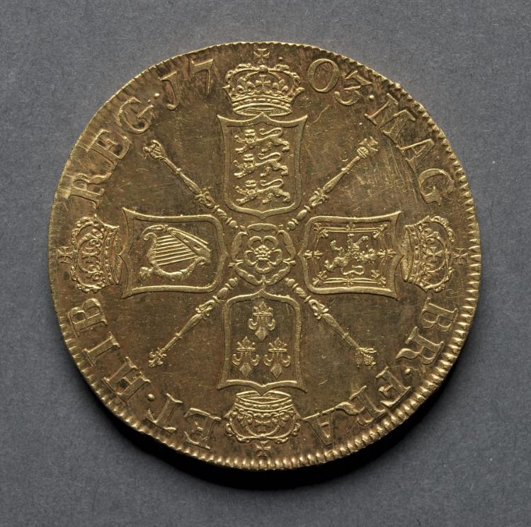 Five Guineas: Shields and Rose (reverse), 1703 (Cleveland Museum of Art 1969.203.b)