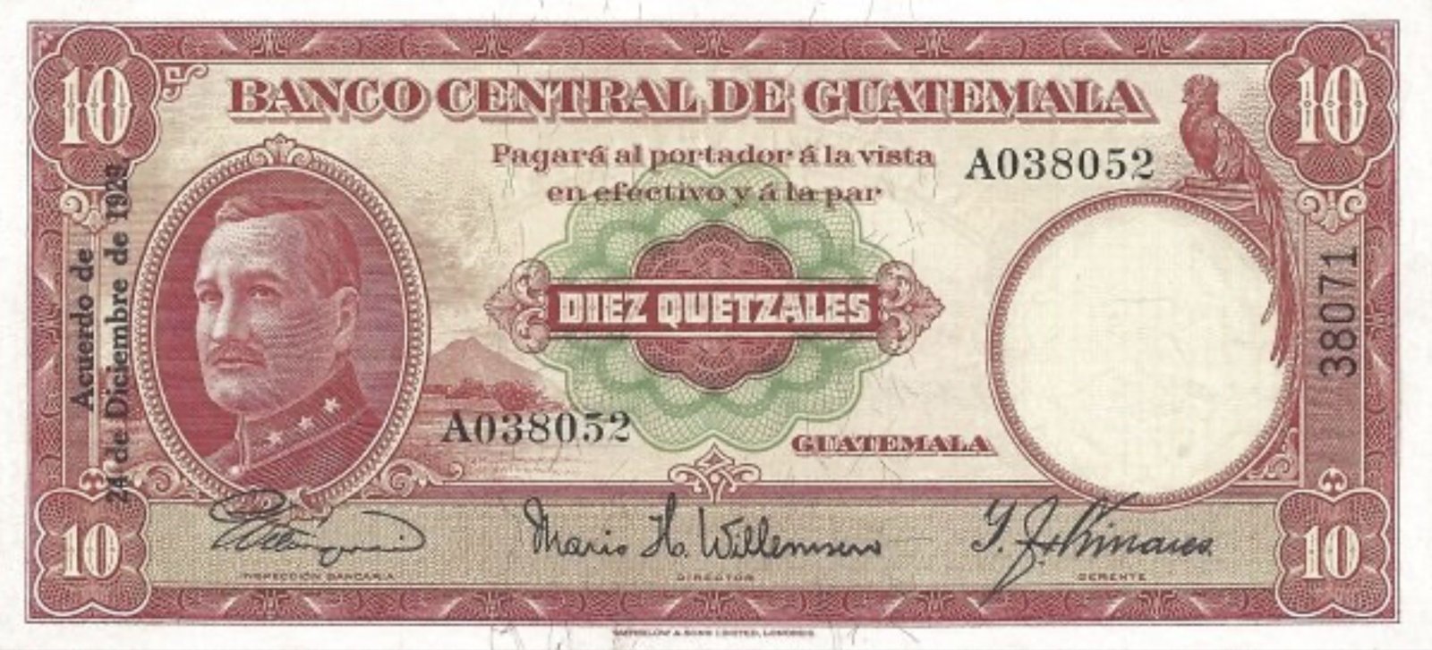 Obverse of 10 Quetzales (1929–1935), Pick 12
