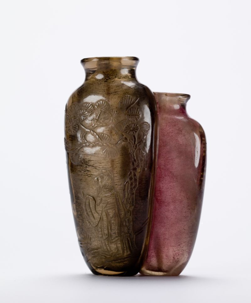 Snuff bottle in shape of two conjoined bottles carved with figure under pine, Unknown