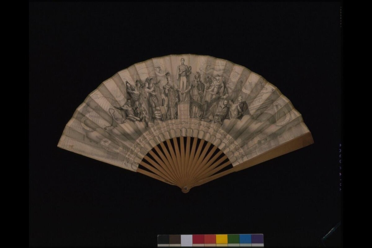 Printed commemorative fan, obverse designed by F. Bonhomme, reverse designed by A. Guilletat, printed by Brioude, Paris, 1862.