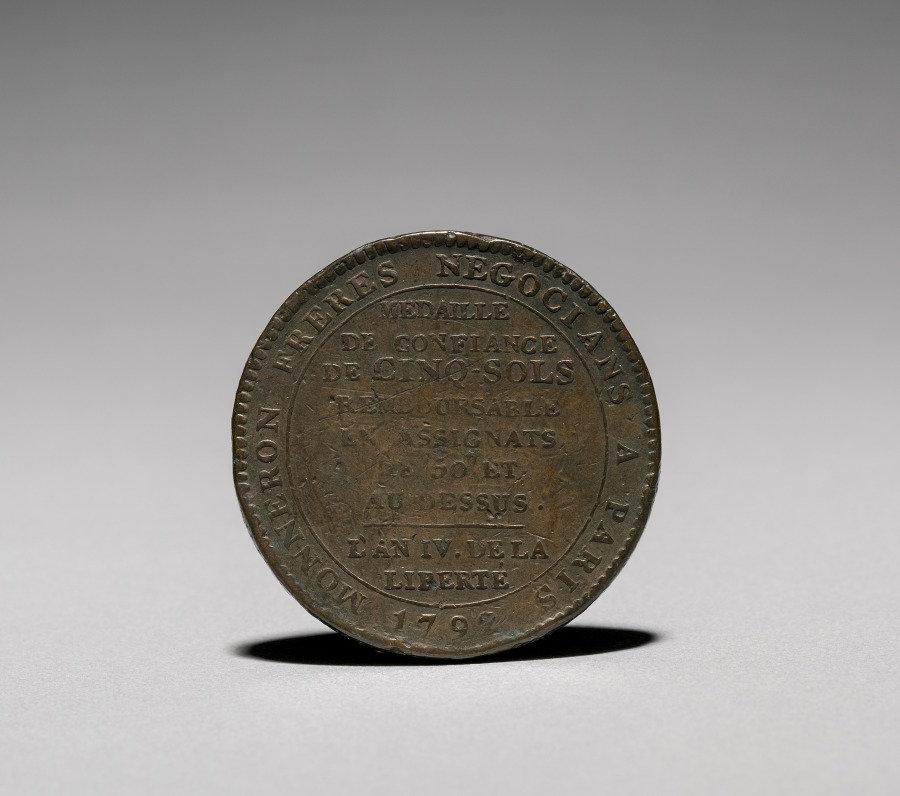 Medal:  Five Sols issued by Monneron Brothers, Paris, 1792 (reverse), undated (Cleveland Museum of Art 1916.1883.b)