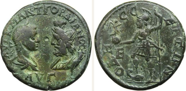 Odessos, Gordian III., bronze coin — Emperor wearing helmet (CN type 16072)