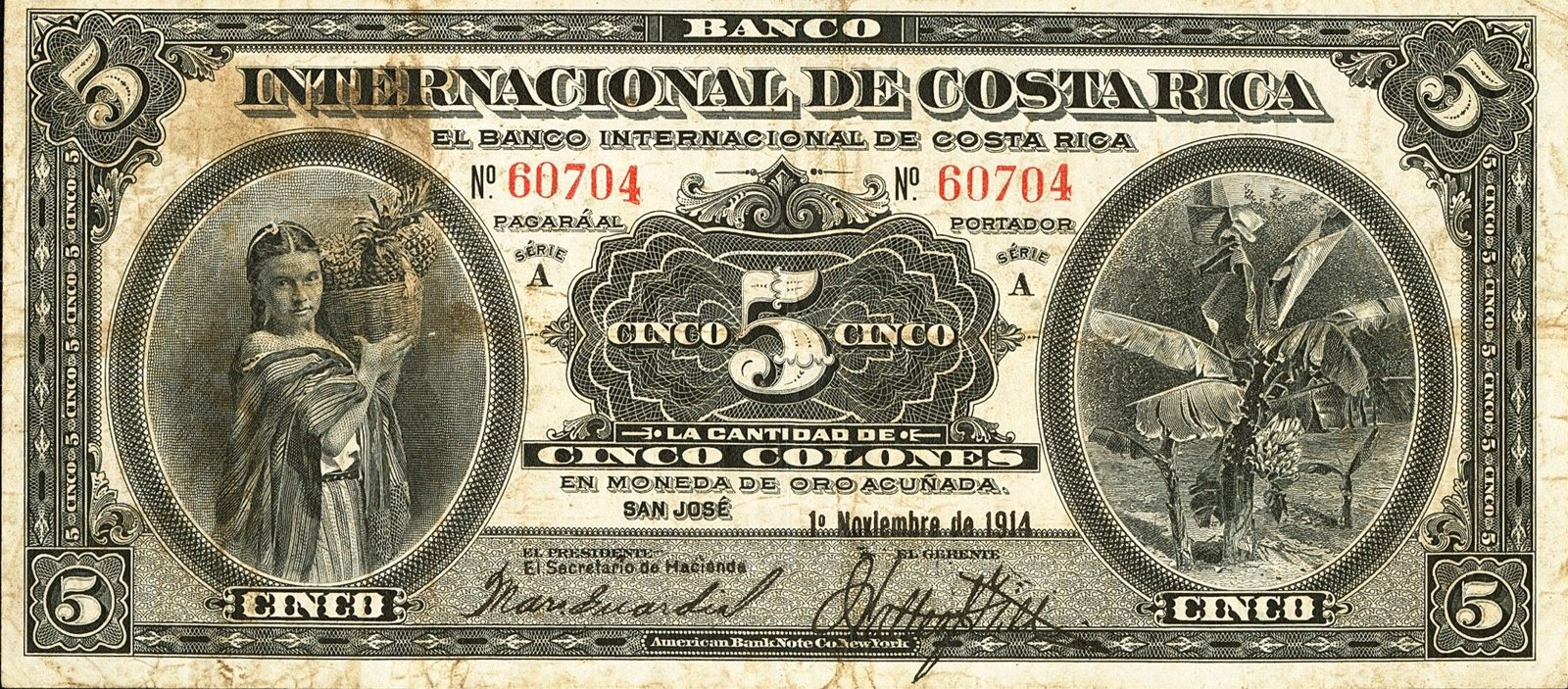 Obverse of 5 Colones (1914), Pick 160