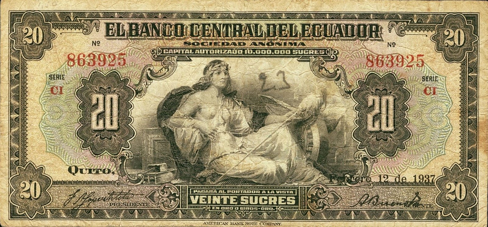 Obverse of 20 Sucres (1928–1937), Pick 86