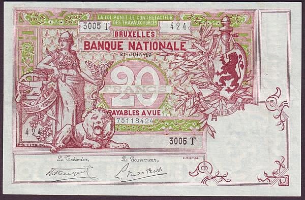Auction photograph of an example of Pick 67 (World Banknotes: Belgium 20 Francs 1919 issue Pick 67 EF)