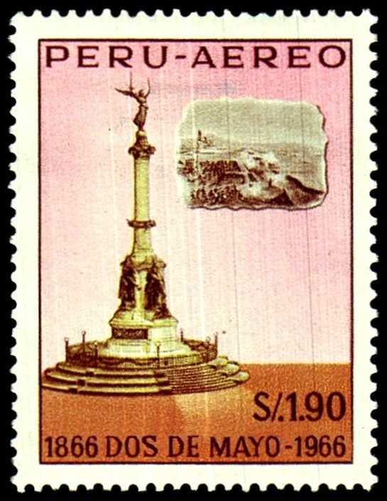 Photograph of a stamp from this issue (Wikimedia Commons file “Stamp of Peru - 1966 - Colnect 386631 - Monument and Battle Scene.jpeg”). The paper, perforation or watermark variety shown cannot be confirmed from the photograph.