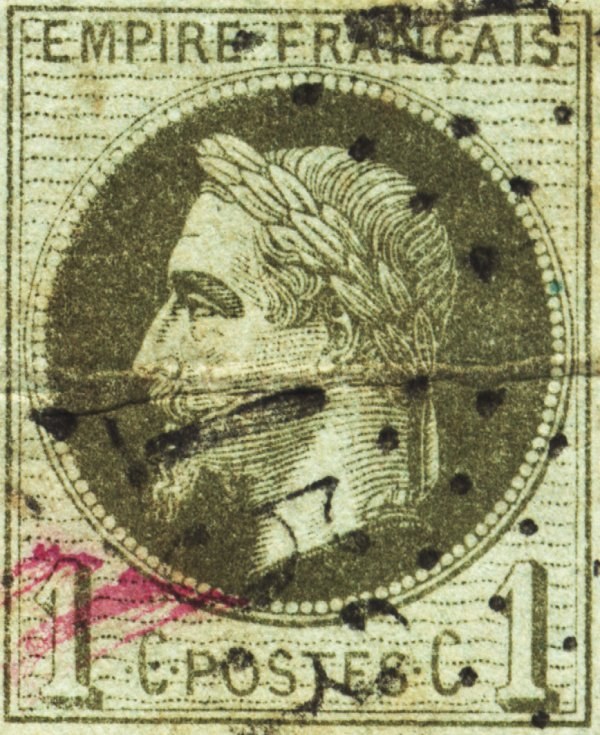 Photograph of a stamp from this issue (Wikimedia Commons file “Napoleon3 laure kaki.jpg”). The paper, perforation or watermark variety shown cannot be confirmed from the photograph.