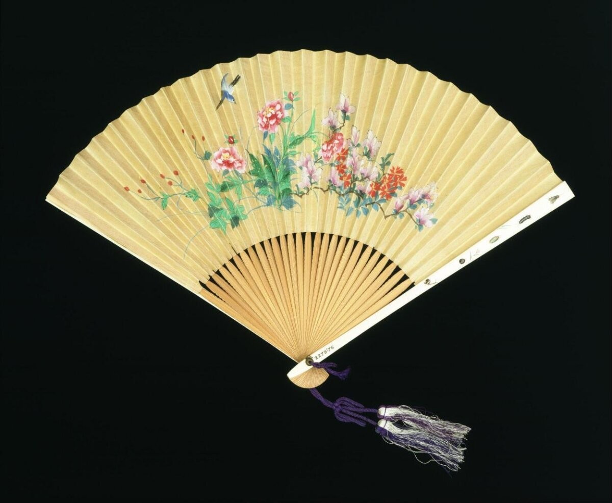 Painted fan, bamboo, painted silk, ivory encrusted with hardstones, horn and coloured ivory, Japan, 1850-1870
