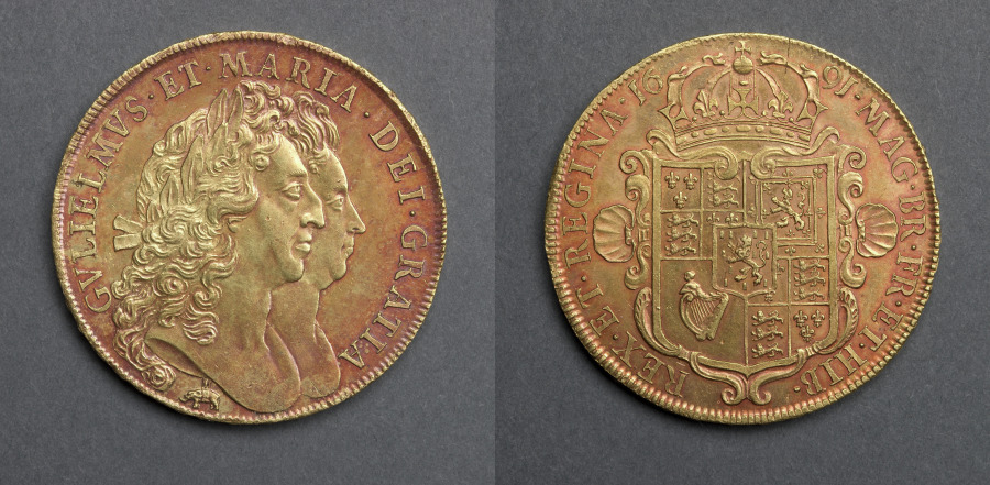 Five Guineas: William & Mary (obverse); Crowned Shield of Arms (reverse), 1691 (Cleveland Museum of Art 1969.201)