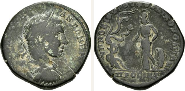 Nikopolis ad Istrum, Elagabal, bronze coin — Athena standing left (CN type 24304)