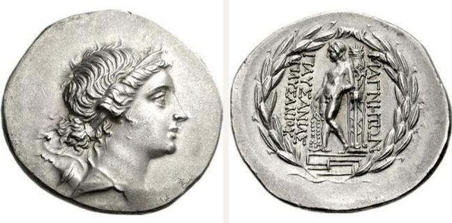 Magnesia ad Maeandrum, tetradrachm — Apollo standing to the left on meander (CN type 22975)