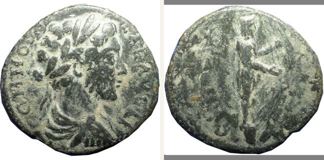 Alexandria Troas, Marc Aurel, bronze coin — Statue of Apollo Smintheus (CN type 18831)