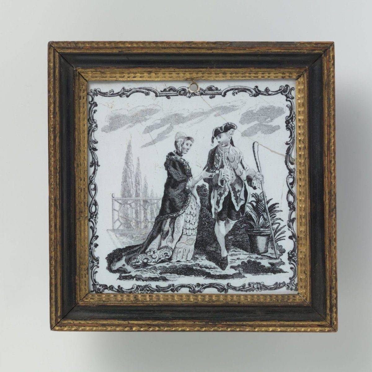 Framed tile with man and woman in 18th-century costume