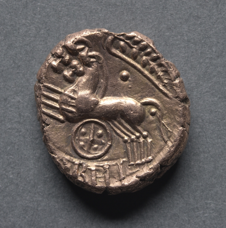 Cunobeline Stater: Two Horses and Wheel (reverse), c. 10–40 CE (Cleveland Museum of Art 1969.152.b)