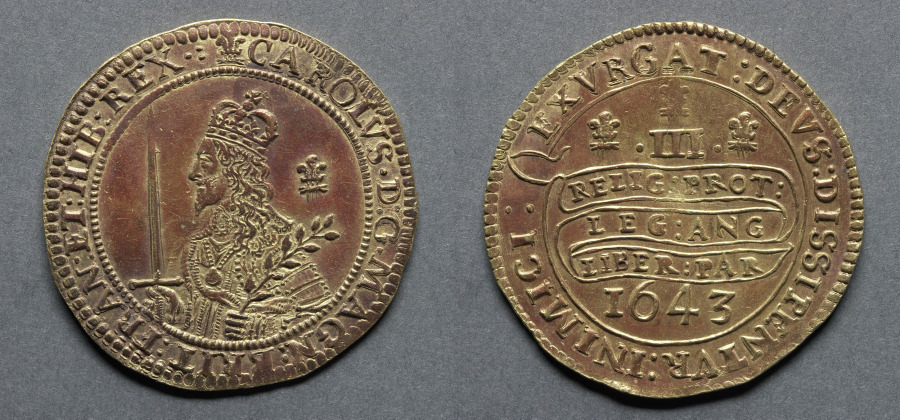 Triple Unite or Three Pound Piece: Charles I (obverse); Declaration on Scroll (reverse), 1643 (Cleveland Museum of Art 1969.195)