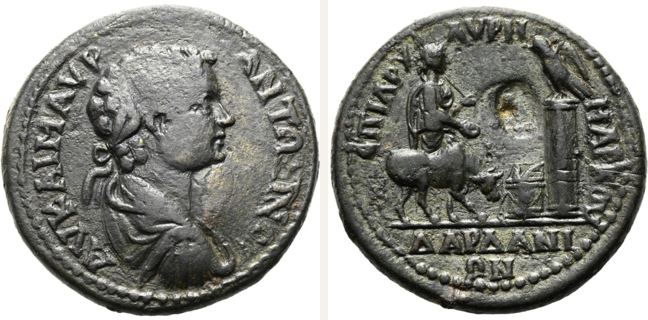 Dardanos, Caracalla, bronze coin — Bull right approaching lighted altar (CN type 21736)