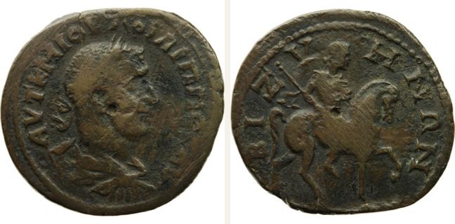 Bizye, Philippus Arabs, 5 unit — Emperor in military attire riding right on horseback (CN type 1515)
