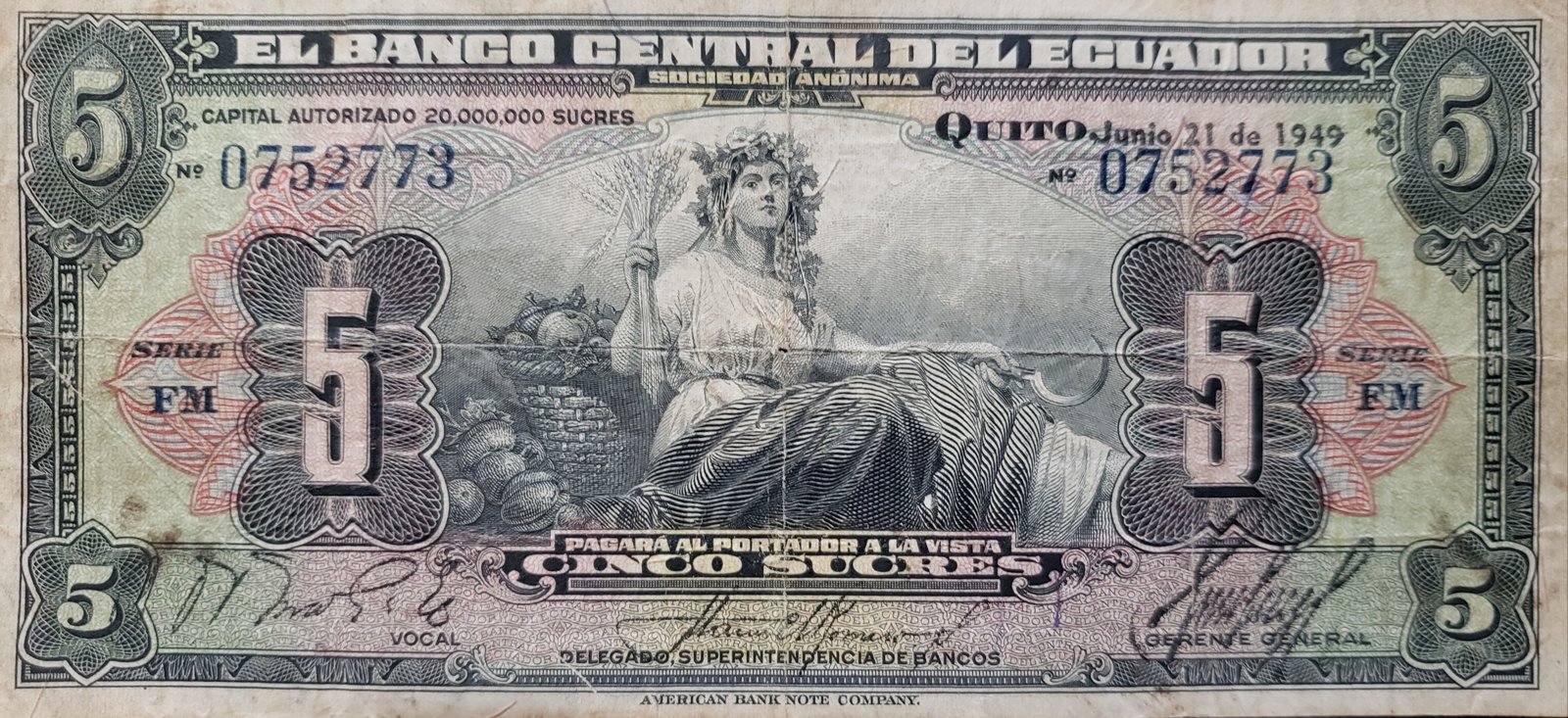 Obverse of 5 Sucres (1940–1949), Pick 91