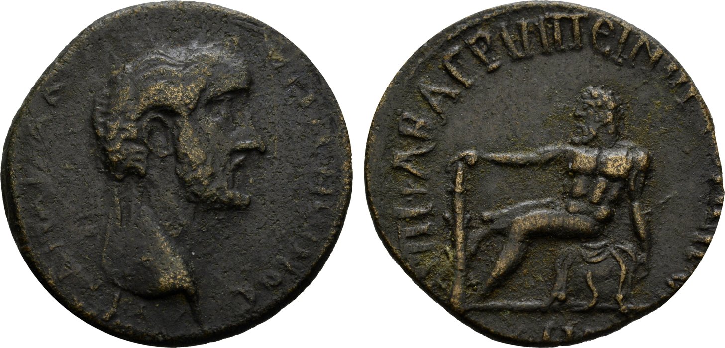 Topeiros, Antoninus Pius, 4 unit — Heracles seated left on rock covered with lion skin (CN type 11994)