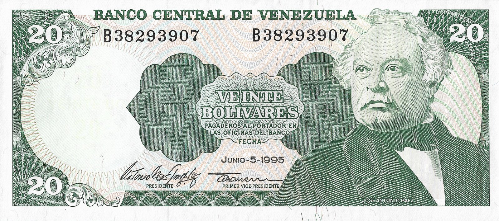Obverse of 20 Bolivars (20 bolívares) (1981–1998), Pick 63
