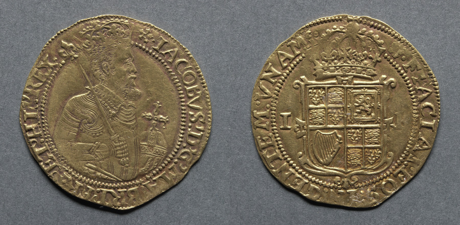 Unite: James I (obverse); Shield of Arms (reverse), 1613–15 (Cleveland Museum of Art 1969.189)