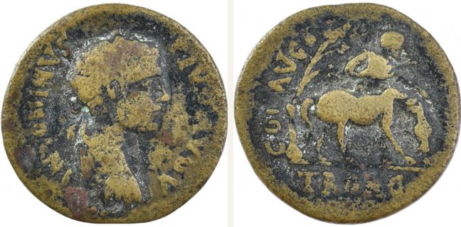 Alexandria Troas, Caracalla, bronze coin — Horse grazing right (CN type 21940)