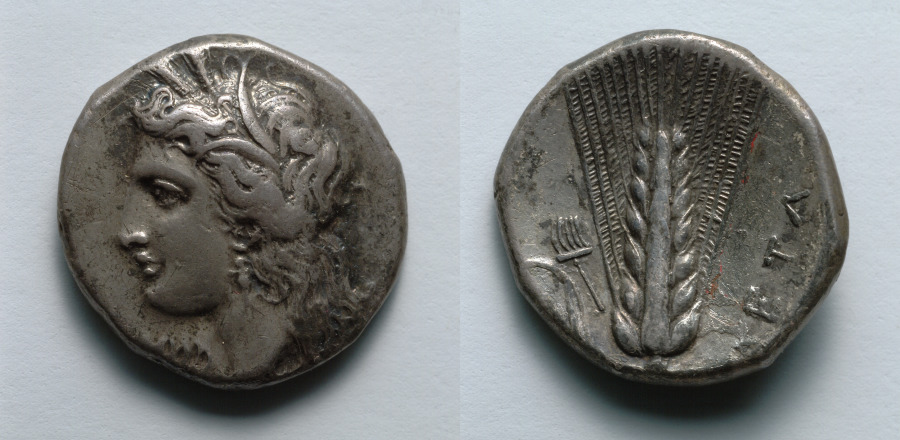 Stater: Head of Demeter (obverse); Barley (reverse), 330–300 BCE (Cleveland Museum of Art 1917.983)