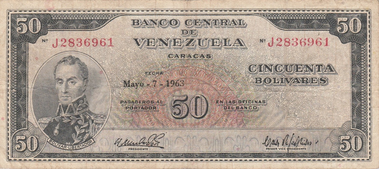 Obverse of 50 Bolivars (50 bolívares) (1961–1963), Pick 44