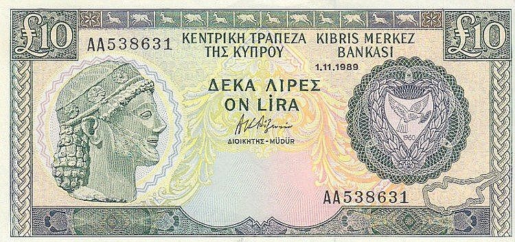 Auction photograph of an example of Pick 55 (Banknotes : Cyprus £10 Pick 55a (1/11/1989) aUnc)