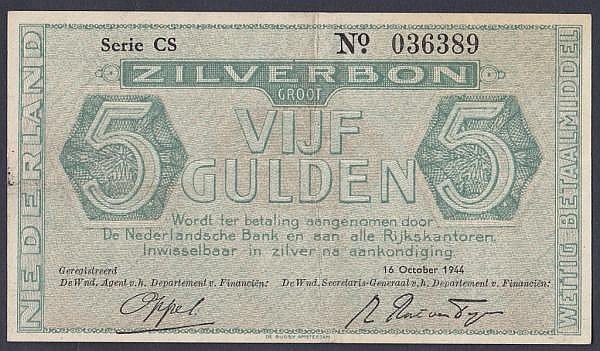 Auction photograph of an example of Pick 63 (World Banknotes: Netherlands 5 gulden dtaed 16th October 1944 series CS No.036389, Pick63, a few mar)