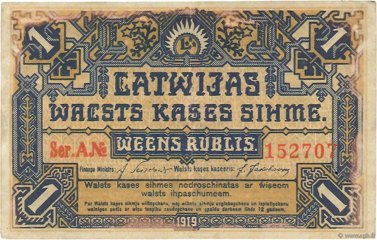 Obverse of 1 Rublis (1919), Pick 1