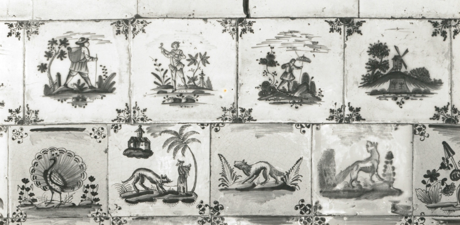 Delft tiles with animal, genre, and chinoiserie depictions. 1st half of the 18th century. Seußlitz, garden pavilion of the castle, Walther, Bernd (Production) (Photographer)